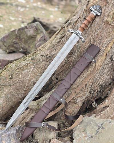 Wikinger-Schwert, 101 cm, Damaszener Stahl, Doppelschneidig mit Hohlkehle, Holz-Zink-Griff, Scheide, Mittelalter-Kollektion