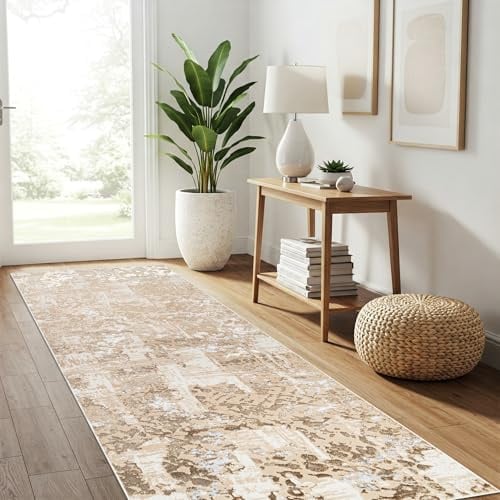 TAPISO Crystal Teppichläufer Kurzflor Glänzend Braun Beige Gold Creme Weiß Marmoreffekt 3D Effekt Wohnzimmer Schlafzimmer Modern Design ÖKO-TEX 80 x 400 cm