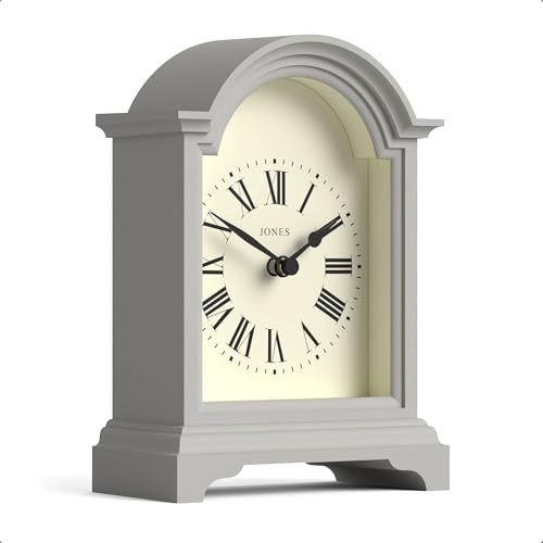 JONES CLOCKS® Bistro Kaminuhr | Kleines Reiseuhr-Design | Grau | Klassische Bogen-Form | Zeitgenössischer klassischer Stil für Kamin, Schreibtisch, Tisch, Regal und Nachttisch