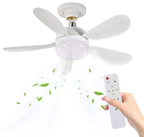 Oamger Ventilateur de Plafond avec Lumière et Telecommande, 30W Petit Dimmable Ventilateur Plafond Silencieux LED avec Douille E27, 3 Vitesses, 3 Modes Dimmables, Minuterie, 5 Pales, pour Salon (D)