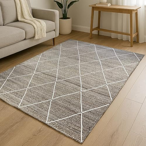 MY-RUG Handweb-Teppich aus Jute, Natur Wohnzimmerteppich, weicher Jute Teppich flach gewebt, handgemachter Juteteppich in skandinavischem Landhaus Stil, Nordic Line, Rautenmuster, eckig 150 x 100 cm