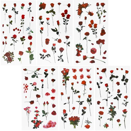 REEKNOKOL 12 Bögen Blumenaufkleber, natürliche Rosenaufkleber, Selbstklebende Blumenaufkleber, Vinyl-Blumenaufkleber für Scrapbook-Zubehör, Karten, Laptops, Basteln, Flaschen, Journaling