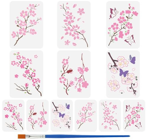 FINGERINSPIRE 12 plantillas de ramas de cerezo de 21 x 29,7/14 x 20 cm, plantillas de flores de cerezo y pétalos, mariposas con un cepillo para manualidades, decoración del hogar