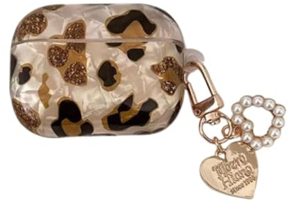 GULVQYF Custodia protettiva alla moda per AirPods Pro 3 (versione 2025), design di lusso con stampa leopardata, per Airpod Pro di terza generazione, con ciondolo perlato, per ragazze e donne (A)