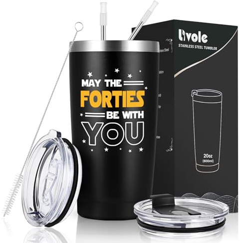 Livole Mens 40th Birthday Gifts for Men, Him, Dad, May The Forties Be with You, 40th Birthday Gift Ideas, 600ml Double Walled Travel Tumbler, 20oz Insulated Coffee Mug
