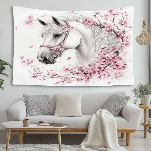 LCHMQ Blumen Pferd Wandteppich Mehrzweck Kirschblüten Tier Wandbehang Stoff Aestheticn Wandtuch Wandbehang Stoff Wall Tapestr Wanddeko 150x130cm
