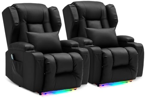 SITURAY Elektrisch Verstellbar Relaxsessel mit Liegefunktion | Fernsehsessel TV Sessel mit Massage und Wärme, Modern Kinosessels mit LED/USB, bis 150 kg, Kunstleder Schwarz