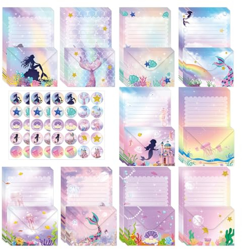 160 Stück Aquarell Meerjungfrau Briefpapier mit Umschlag Kinder Mädchen | Schönes Set 50 A5 Papier Liniert mit 50 Briefumschläge C6 & 60 Stickern,für Geburtstage,Weihnachten,Einladungen,Dankschreiben