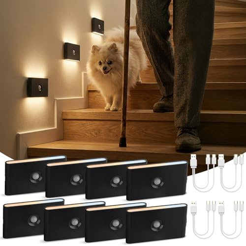LED Nachtlicht mit Bewegungsmelder & Dämmerungssensor Akku Schwarz 8 Stück | 3 Modi Auto EIN/AUS Nachtlampe Dimmbar, 3 Farbtemperatur Treppenbeleuchtung Batterie USB für Kinderzimmer, Flur, Schlafzimmer