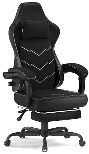 Devoko Chaise Gamer avec Repose-Pieds, Fauteuil de Bureau Ergonomique 200kg, Assise Large 52cm en Tissu Respirant, Chaise de Bureau PC avec Support Lombaire Réglable, Siège Gamer Noir