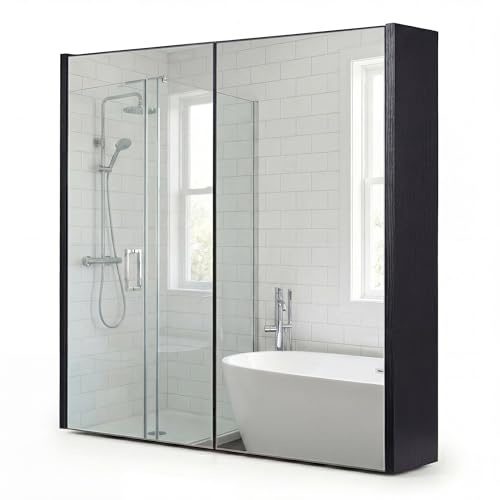 CASART Wall-Mounted Bathroom Mirror Cabinet, 2/3 Door Storage Cupboard with Shelves & Cushioning Hinges, Organiser Storage for Bedroom, Living Room and Washroom (Dark, Double Door)