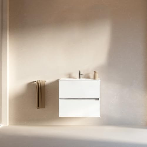 Feel Your Bath Mueble de Baño Lion 60 cm Blanco Brillo con Encimera Cerámica Blanca Brillo, Lavabo Incluido, 2 Cajones Soft Close, Diseño Suspendido, diseño Compacto para baños pequeños, Baño Moderno