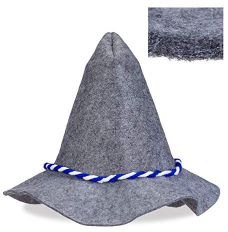 Relaxdays Premium Seppelhut aus ca. 6mm dickem Qualitätsfilz, blau-weiße Kordel, bayrischer Filzhut, breite Krempe, grau