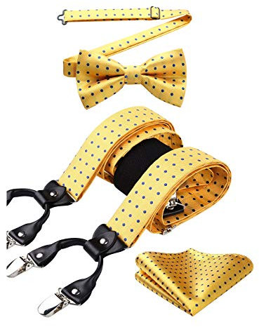 HISDERN Gelb Hosenträger und Fliege Set für Herren Einstecktuch Y Style hosenträger Punkten Dot mit 6 Starken Clips Einstellbar für Anzug