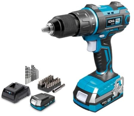KOMA TOOLS 08750 Kit Taladro Percutor Atornillador 20 V y Cargador colores surtidos, 34.5 X 30.5 X 10.3 Cm