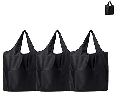 CHENGZI Wiederverwendbare Einkaufstaschen, 3 Stück, leichte Einkaufstaschen, faltbare Einkaufstasche mit angenähter Tasche, waschbar, langlebig, für Damen und Herren, Schwarz , one size