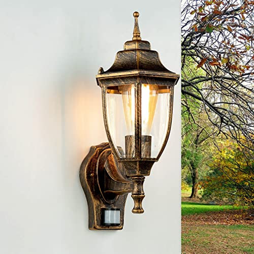 Licht-Erlebnisse Außenlampe mit Bewegungsmelder Glas Aluminium in Schwarz Kupfer IP44 Hauseingang E27 bis 60 W Rustikale Wandaußenleuchte Balkon LYON