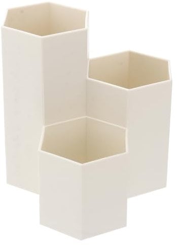 NUOBESTY Hexagon Desk Pen Holder Pencil Container with 3 Slots Makeup Pot Box Stationery Organizer for Student Office Home (Cream-coloured)