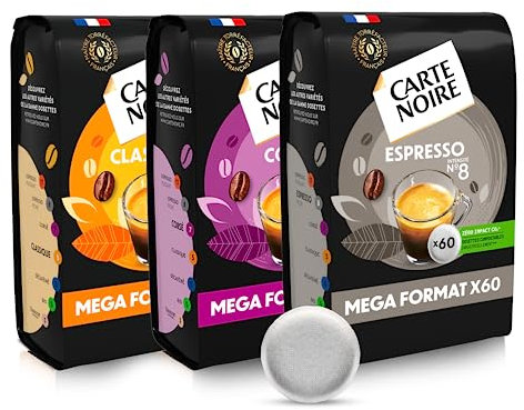 CARTE NOIRE – Café en Dosettes Souples Assortiment Classique N°5/Corsé N°7/Espresso N°8 – 3 Paquets de 60 Dosettes – Compatibles Senseo (180 dosettes)