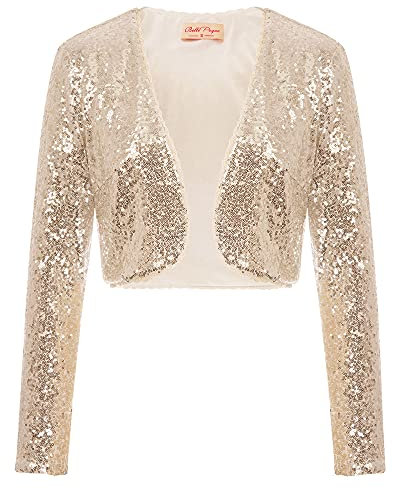 Belle Poque Bolerojacke Damen Champagner Langarm einfach Pailletten Schulterjacke Strick Bolero
