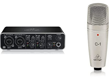Behringer U-Phoria Umc202Hd Interface De Audio/Midi Usb + C-1 Micrófono De Condensador (De Estudio, Xlr, 100 Ω, 40 Hz 20 Khz), Color Dorado