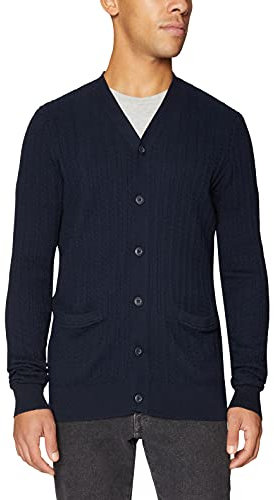 Men's Cable Cardigan Sweater Cashmere V Neck Buttons Cardigan with Pockets (L, Navy)