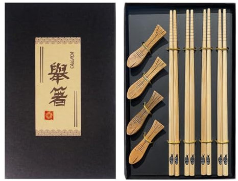 Japanische Essstäbchen in süßer Fisch Optik | Sushi Stäbchen | mit Stäbchen Bank | 12 teilig | Bambus | für 4 Personen