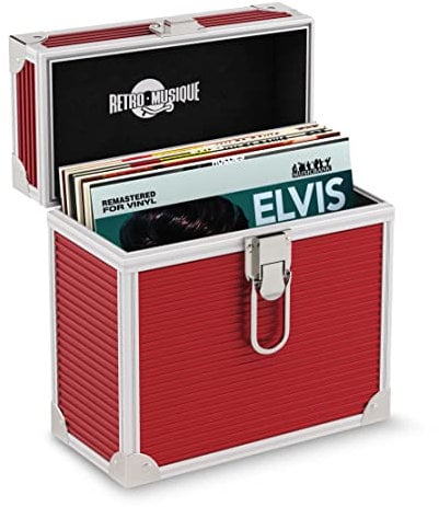 Retro Musique Aluminium 7-Vinylschallplatten-EP-Aufbewahrungsbox Für bis zu 35 EPs (in PVC-Hüllen) Inklusive 35 Vinylschallplatten-Außenhüllens (Rot)