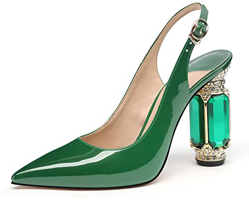 JANSEVEN Women Chunky Heels Pumps Crystal Block Heels with Rhinestones Pointed Toe Sexy Gradient Patent Leather Slip on Bridal Party Wedding Dress Shoes 513 M US, Emerald Green 4inches Slingback,