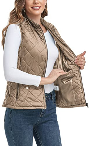 LONGKING 2024 Upgraded, Women's Outwear Vest With One Inner Pocket - Stand Collar Lightweight Zip Quilted Vest for Women…, Khaki, L