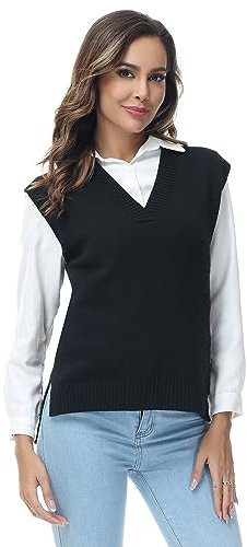 MODFUL Women Knitted Vest Sleeveless V-Neck Sweater Chunky Classic Jumper Pullover (Black, M)