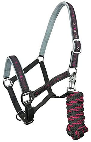 York Halfter Bella mit Führstrick Pferdehalfter mit Strick Halfterset (Pony, grau-rosa)