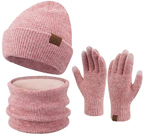 ZASFOU Damen Winter Beanie Mütze Schal Touchscreen Handschuhe Set Warme Wintermütze Loop Schal Schlauchschal Winterhandschuhe Weihnachten Geschenk für Frauen,Pink Rot