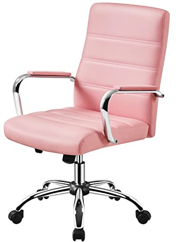 costoffs Mid Back Office Desk Chairs PU Leather Executive Task Chairs Height Adjustable Swivel Chair with Lumbar Support, Pink