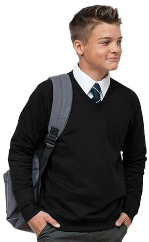 Ages 3-16 Boys Girls Unisex School Sweater V Neck Fleece Sweatshirt Uniform Black Navy