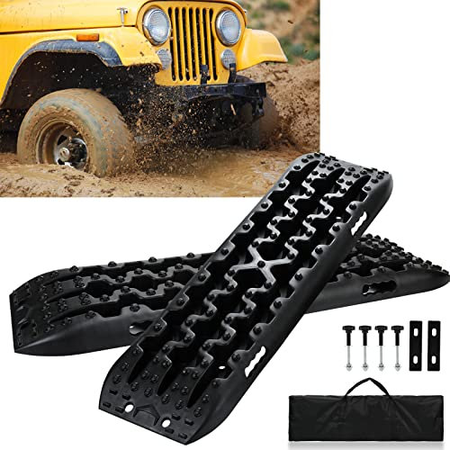 Ansobea Anfahrhilfe Traktionsmatte Offroad,2 Stück Recovery Board Tracks Mats,mit Befestigungsstifte& Aufbewahrungstasche,Traktionshilfe Gripmatte Sand Schnee,für Geländewagen PKW LKW