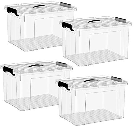 HOHAOO Storage Boxes with Lids,Pack of 4 40L Stackable Storage Boxes Clear Plastic Nestable with Clip Locked for Home,Office,Shelves,Garage