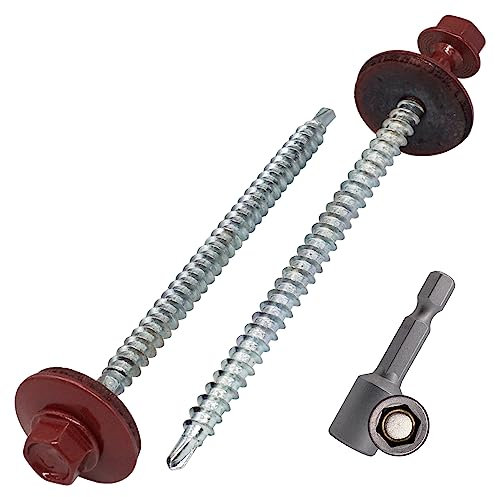 SKIR'CO (50 pièces) Vis Toiture Peintes 4,8 x 80 mm, Tête Hexagonale, Vis Autoperceuses Avec Rondelles EPDM (Rouge Oxyde, RAL 3009)