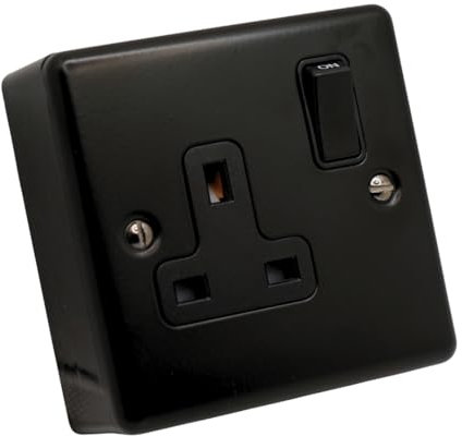 SHPELEC® Matt Black Finish 13A Metal Double Socket with 35mm PVC Surface Mount Back Box - Modern Design, Easy Installation (1 Gang Socket + Back Box)