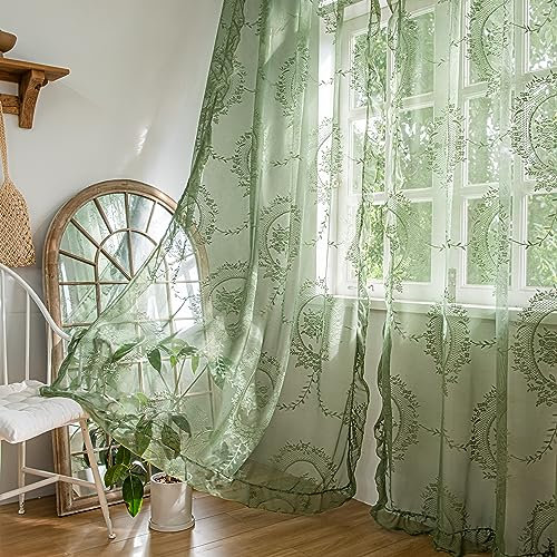 Sutuo Home Olivgrüne Spitzenvorhänge, 213 cm lang, 2er-Set, durchscheinende Paneele, Rosen-Blumenstickerei, gerüscht, Vintage-Fensterdekoration, Paar für Kinderzimmer, Schlafzimmer, Wohnzimmer
