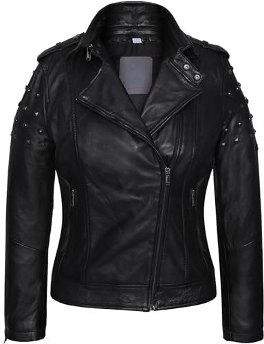 Blueorn Damen Lederjacke ELLEN Modernen Bikerjacke Übergangsjacke Echtleder Jacke mit Nieten Schwarz aus feinstem Lammnappa Leder (DE/NL/SE/PL, Alphanumerisch, M, Regular, Regular, Schwarz)