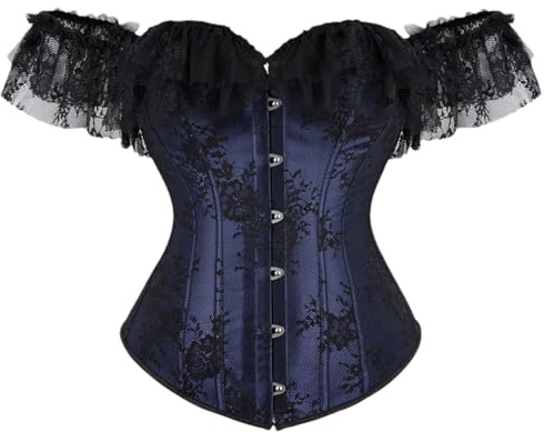 ERFMFKL Women's Sexy Off-Shoulder Transpent Lace Sleeves Corset Floral Embroidery Lace Up Bustier Lingerie 6731A navy blue XL