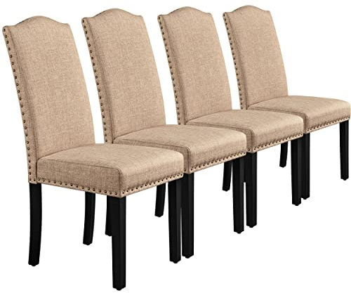 Yaheetech Dining Chairs Set of 4 Upholstered Fabric Kitchen Chairs with High Back and Solid Wood Legs for Dining Room and Kitchen, Khaki
