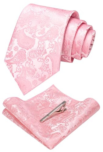 JEMYGINS Cravatta Uomo Rosa chiaro in Seta Paisley Design in Diversi Colori cena di gala con Fazzoletto e Fermacravatta