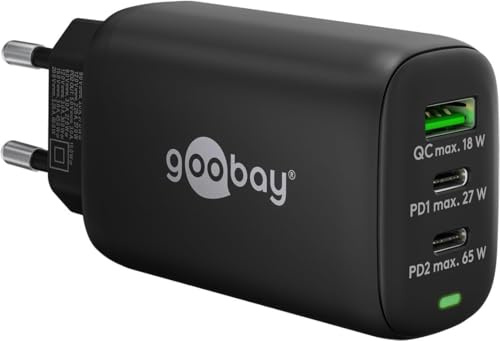 Goobay 65407 USB C Ladegerät Netzteil 65W Power Delivery PD Schnellladegerät/iPhone/Android/USB-C & USB-A 3 Port Mini Adapter für Steckdose/Schwarz