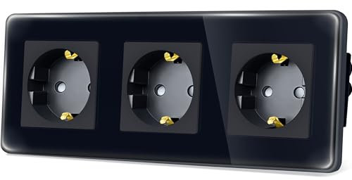 TAWOIA Schuko Steckdose, EU-Standard 3 Fach Unterputz Mit 2,5D Curved Glas Platte, Wandsteckdosen Schwarz 86 * 228mm