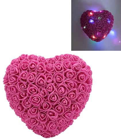 Fyearfly Künstliche Schaumrosen, Handgefertigte Romantische Dekorative Herzförmige Künstliche Rosen mit Lichterkette für die Hochzeit Im Schlafzimmer (Rosenrot)