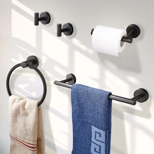 Betadistor Towel Rail Wall Mounted, 5 Pieces Bathroom Accessories Set, Toilet Roll Holder, Hook Towel Ring 304 Stainless Steel Bath Hardware Hand Towel Bar, Black, 120506