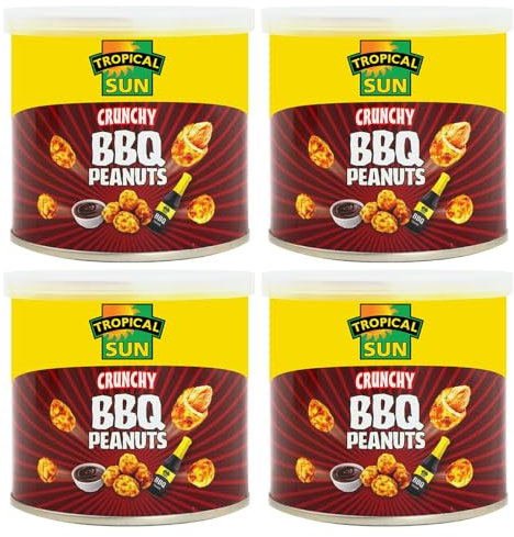 Tropical Sun Crunchy BBQ Peanuts 140g Pack of 4 Smokey Sweet Barbecue Chilli Flavour Roasted Nuts Vegan Nibble Snack with Welari Thank You Card | (4pack) (560g)