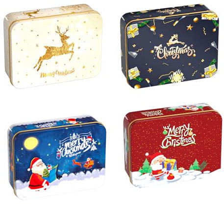 Onlvmyur 4 Stück Blechdose Weihnachts Gutscheindosen Metall Geschenkbox Weihnachten Weihnachtsgeschenkboxen Verpackung für Gutschein Süßigkeiten Geschenk (Rechteckig)